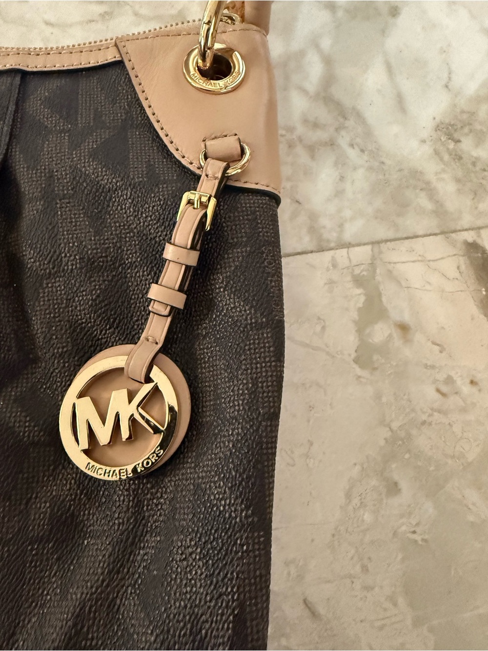 Michael Kors Jet Set Signature Brown Logo with Tan Trim and Gold Hardware (used) - Picture 4 of 9